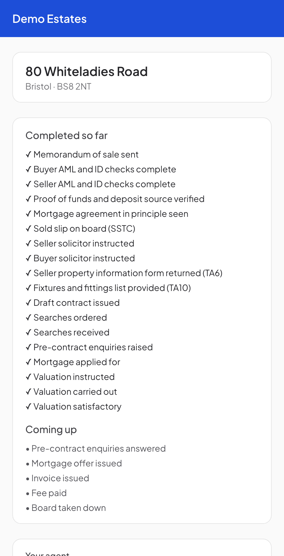 A branded read-only progress page for a buyer